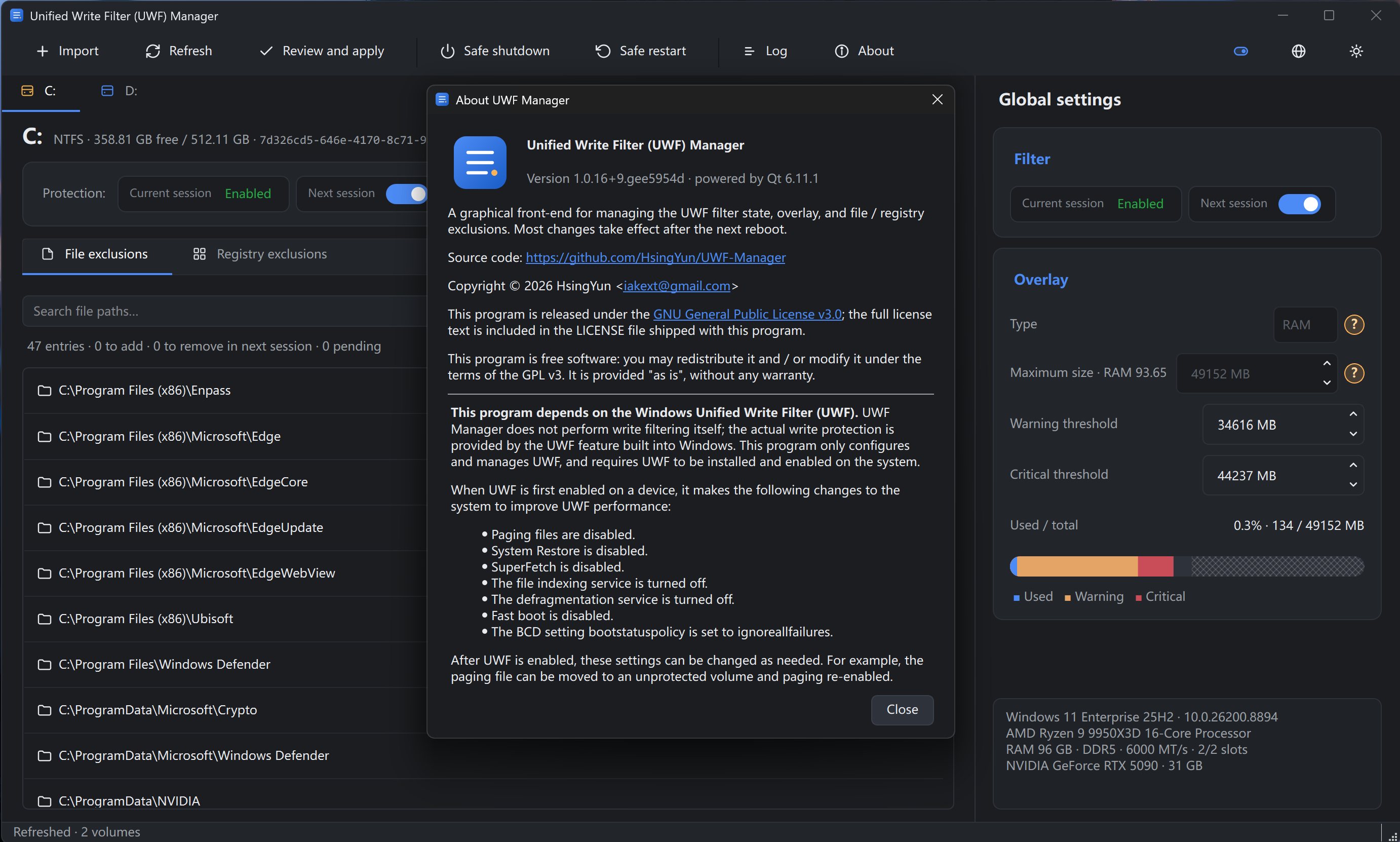 About UWF Manager dialog