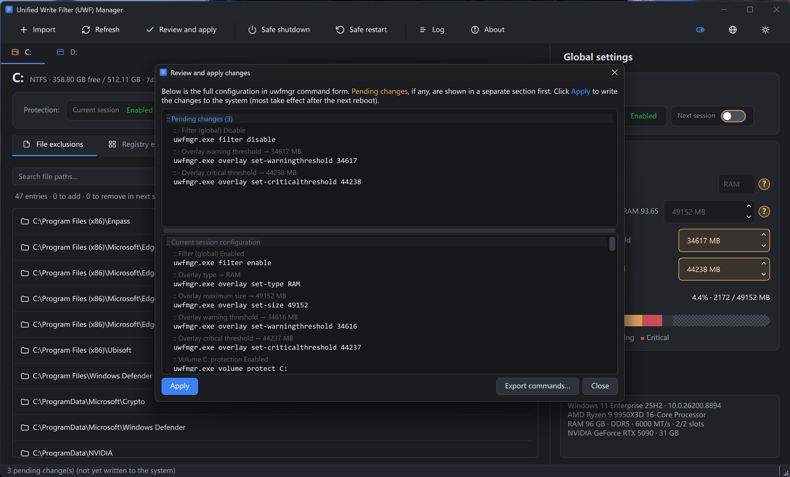 Review and apply changes dialog